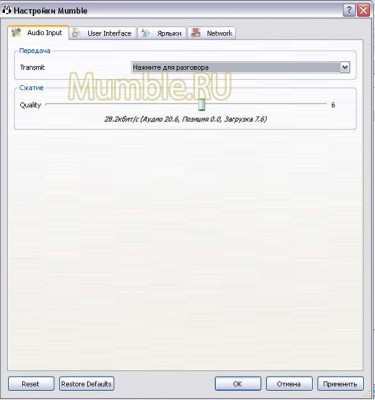 Вкладка Audio Input